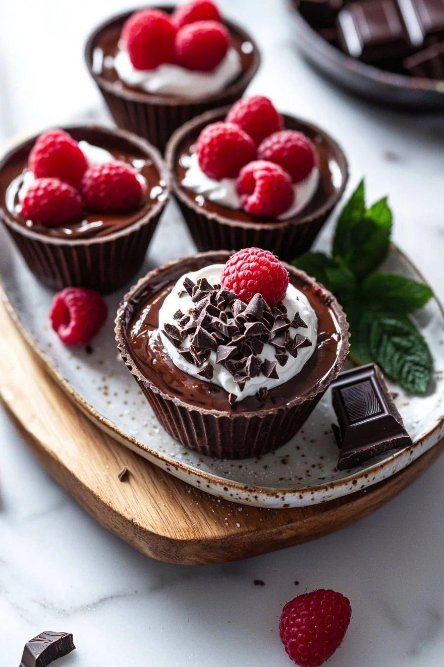 No-bake raspberry chocolate mousse cups topped with fresh raspberries