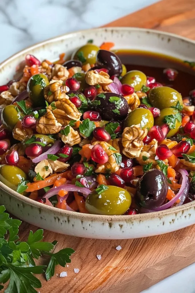 Olive salad featuring pomegranate seeds and walnuts in a colorful presentation.