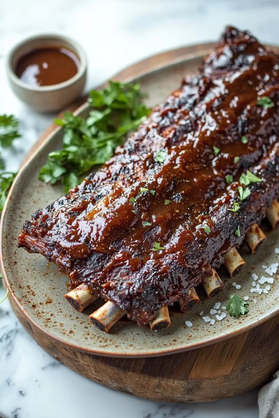 Oven-baked BBQ beef ribs served on a platter with barbecue sauce