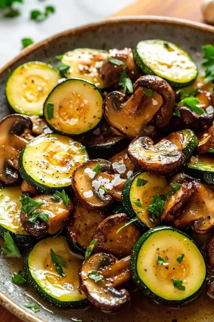 Delicious pan fried zucchini and mushrooms sautéed to perfection