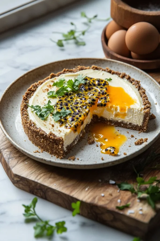 Slice of Passion Fruit Cheesecake with tropical fruit garnish on a plate