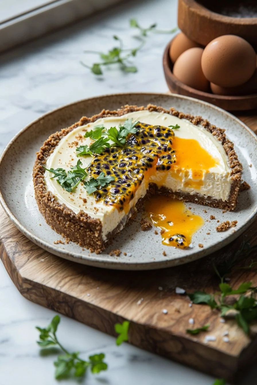Slice of Passion Fruit Cheesecake with tropical fruit garnish on a plate