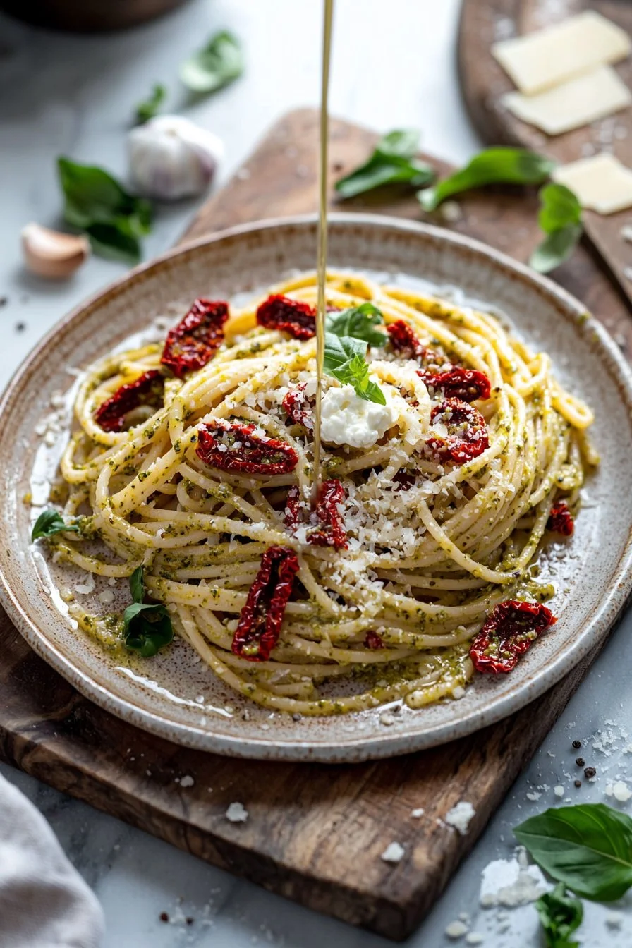 Plate of pasta topped with sun-dried tomato ricotta pesto and garnished with herbs
