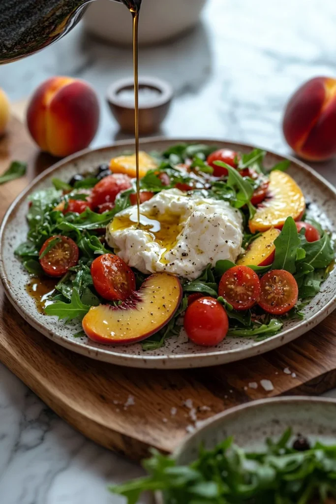 Delicious Peach Burrata Salad with fresh ingredients served on a plate