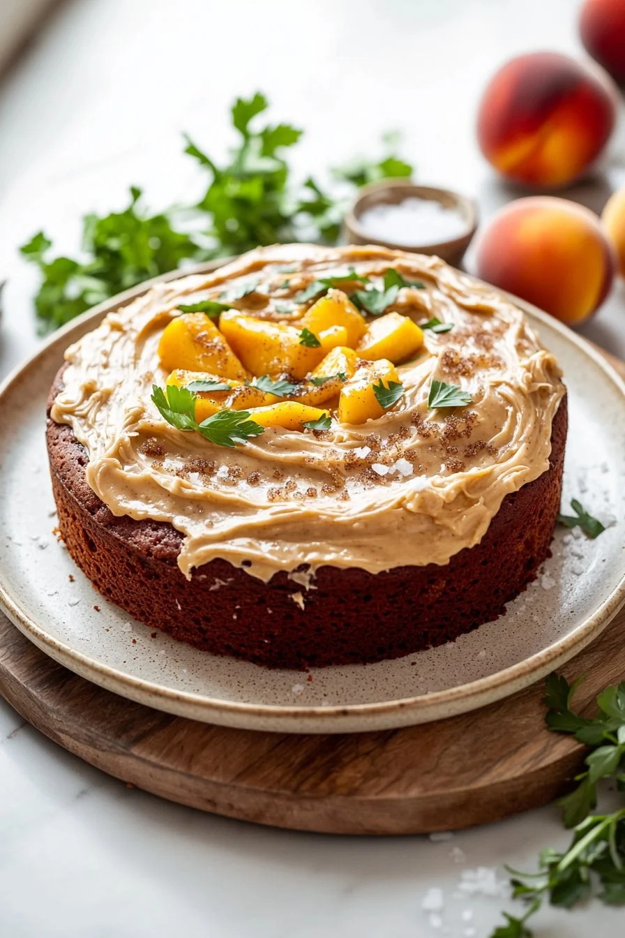 Delicious peach cake topped with rich brown sugar frosting.