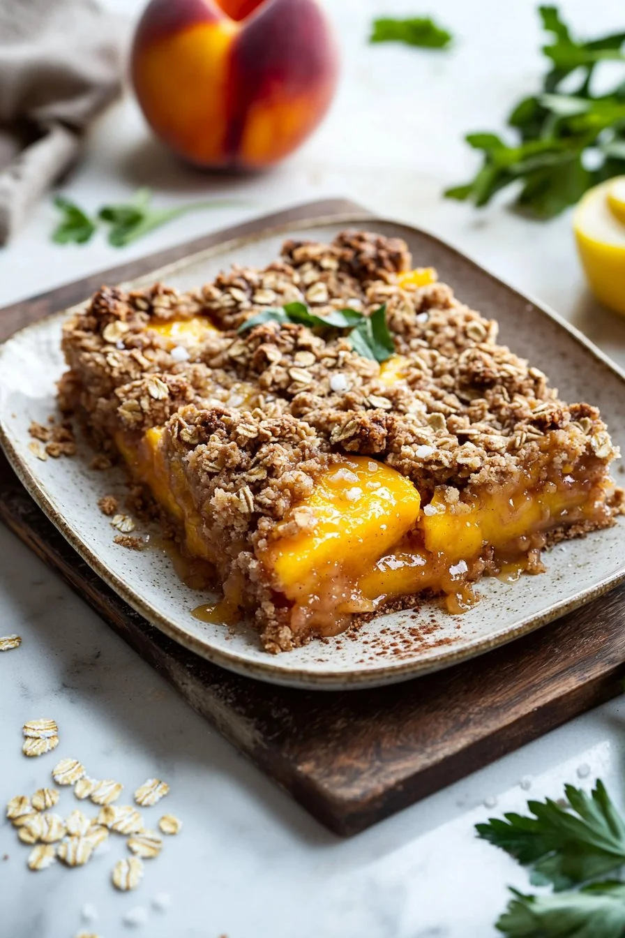 Delicious Peach Crumble Bars with a golden topping and fresh peach filling