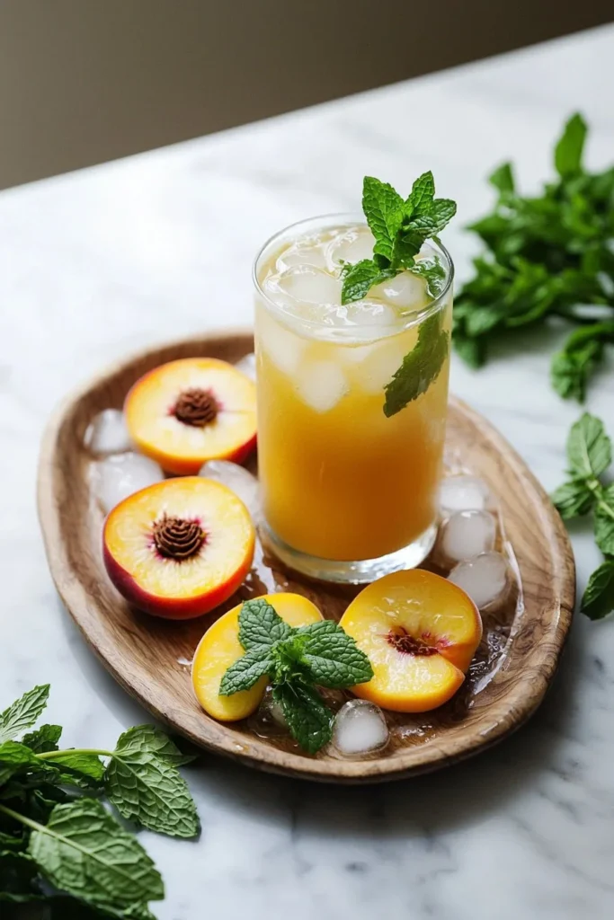 Glass of refreshing peach lemonade garnished with lemon slices and mint