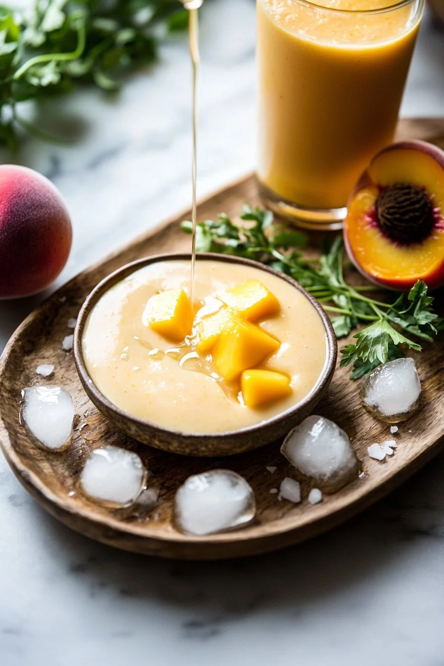 Refreshing Peach Mango Smoothie in a glass with tropical fruits