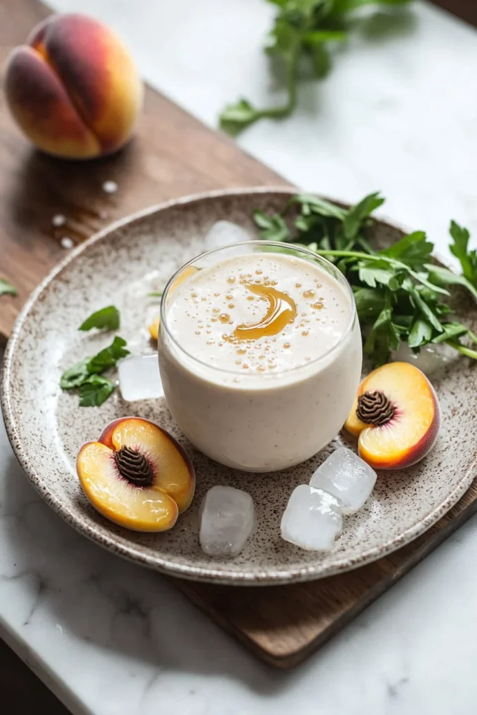 Delicious homemade peach milkshake in a glass with fresh peaches