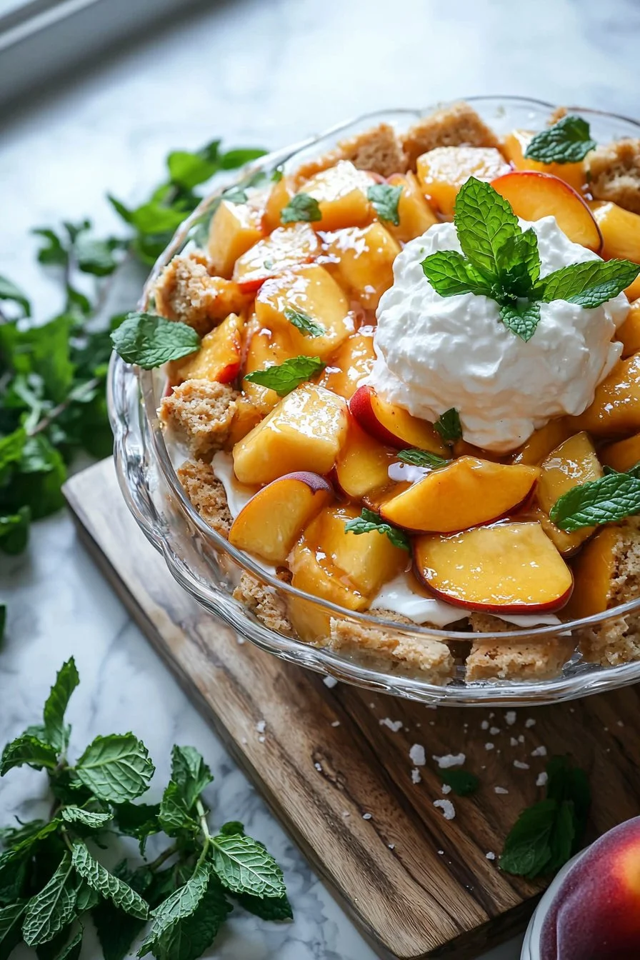 Delicious peach trifle layered with fresh peaches and creamy custard