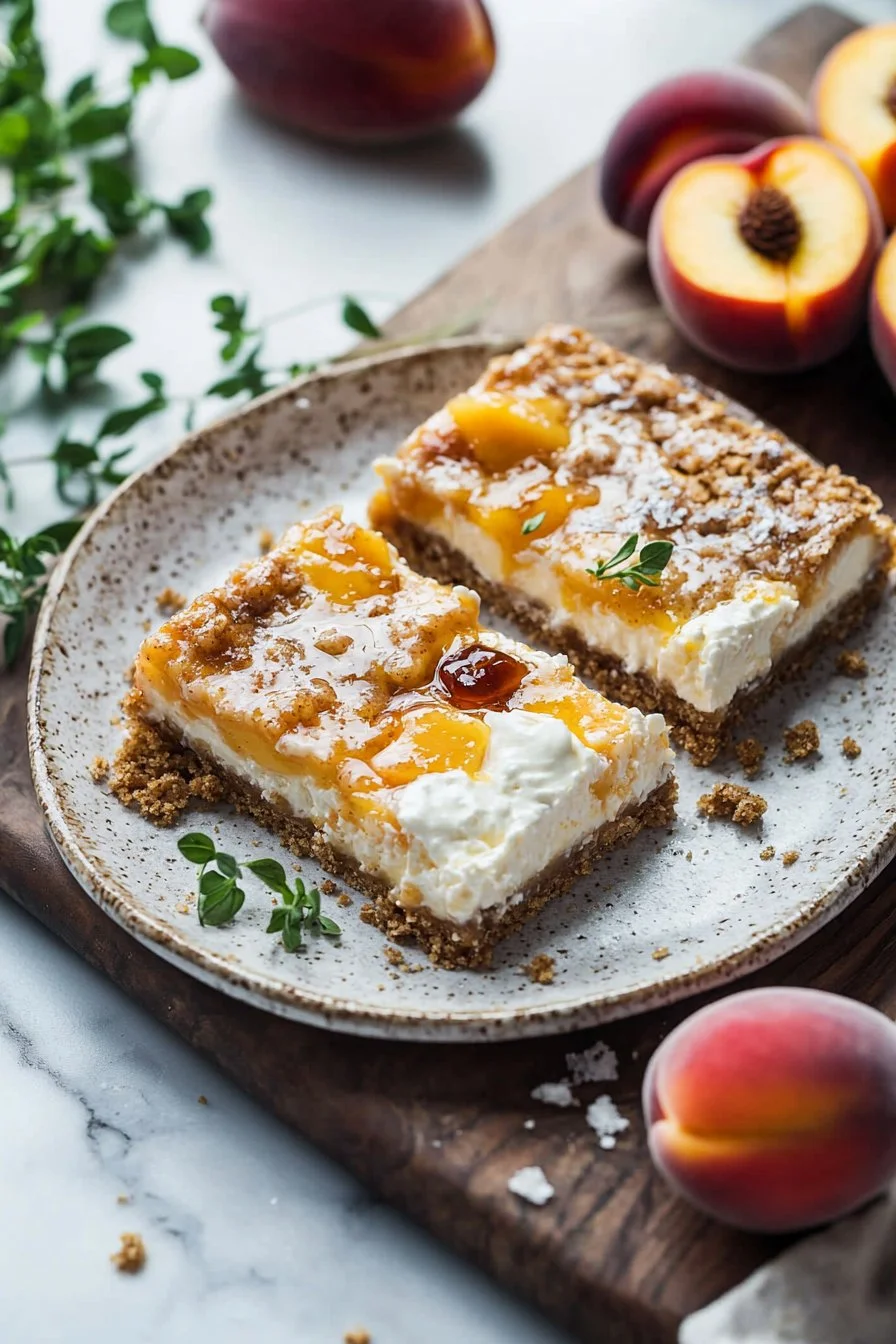 Delicious peaches and cream cheesecake bars with a graham cracker crust