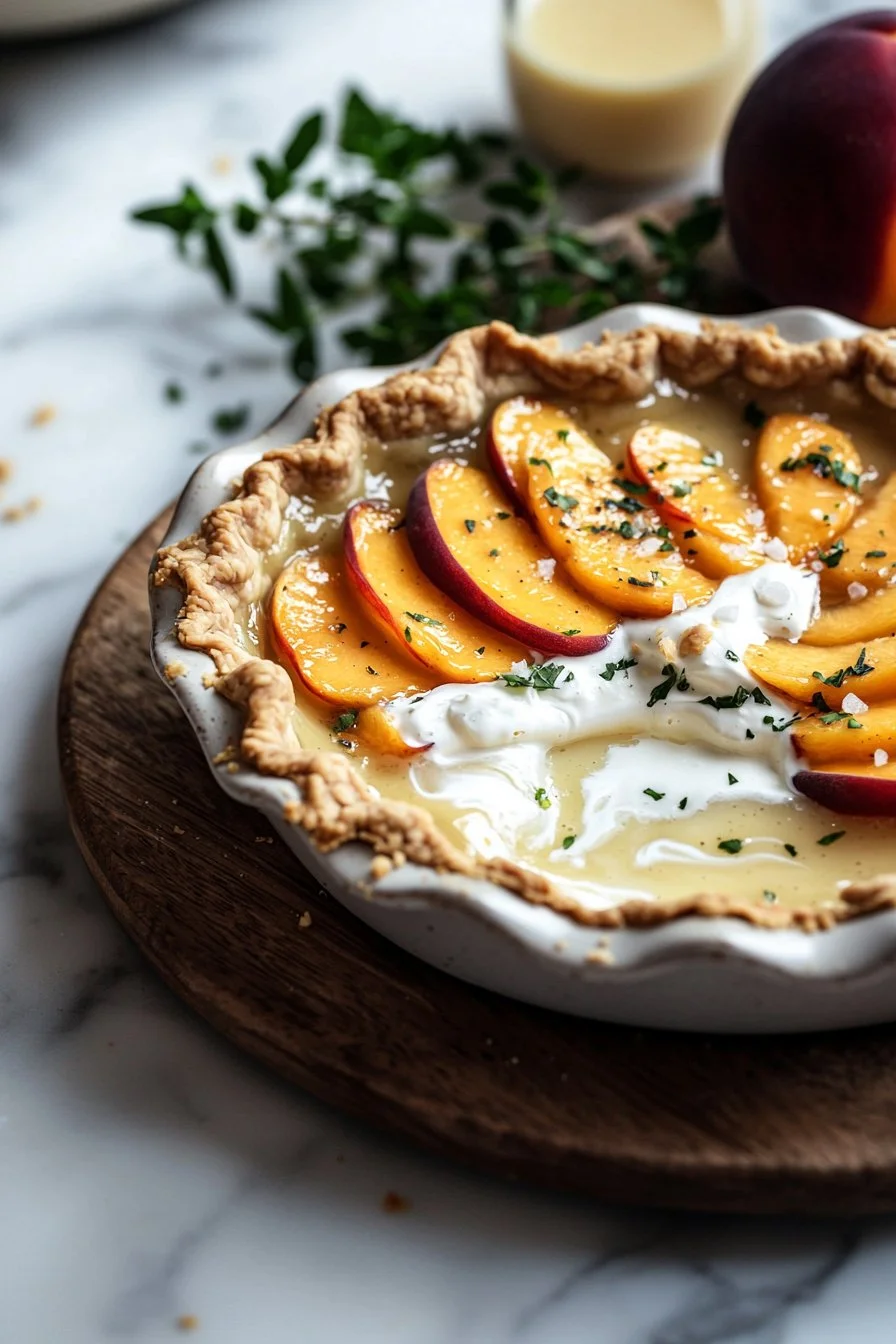 Delicious Peaches and Cream Pie served on a plate with fresh peach slices