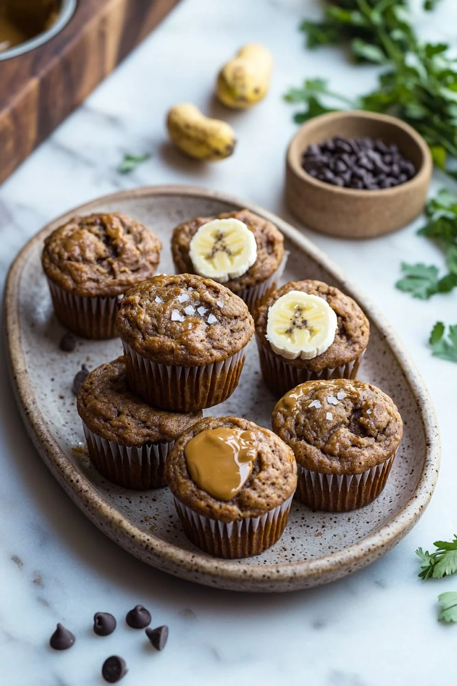 Freshly baked peanut butter banana muffins on a wooden table