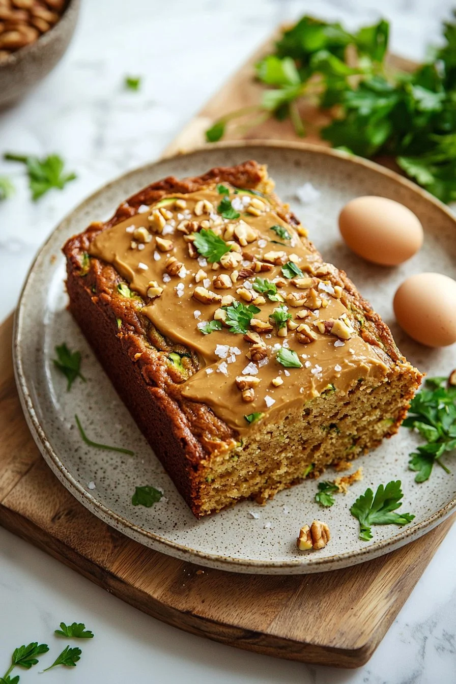 Delicious slice of Peanut Butter Zucchini Cake on a plate