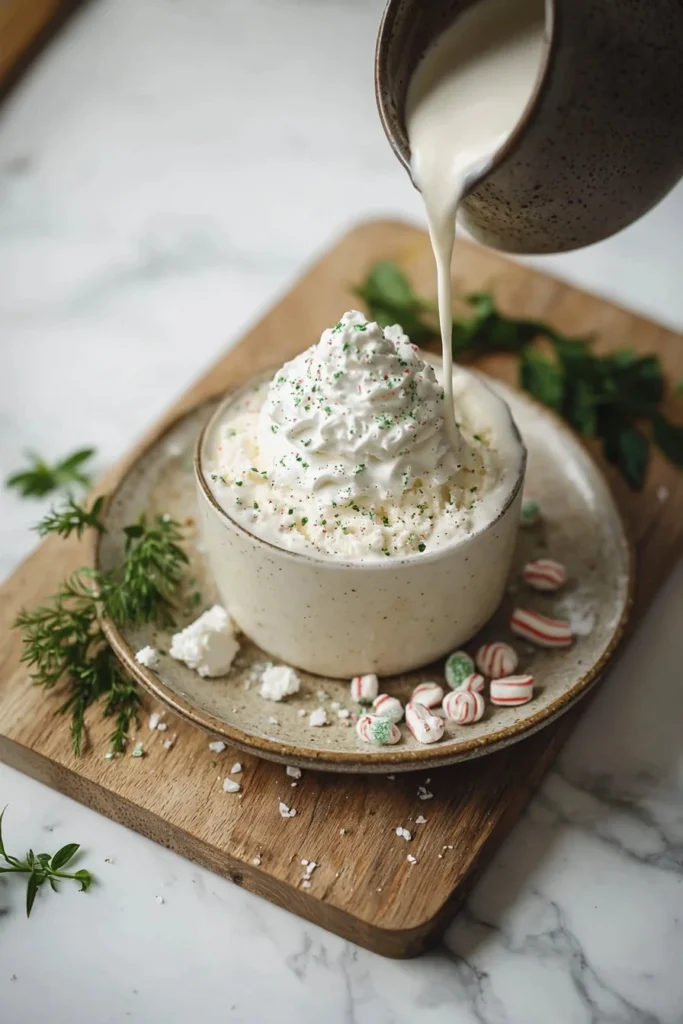 Delicious peppermint milkshake topped with whipped cream and candy canes