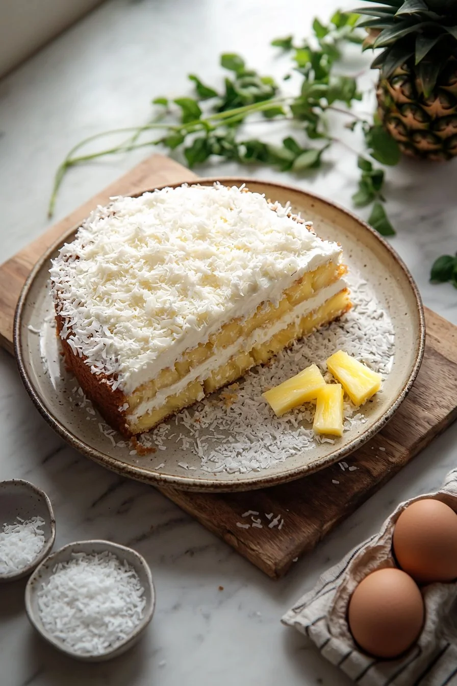 Delicious Pineapple Coconut Cream Cake topped with coconut flakes and pineapple slices.