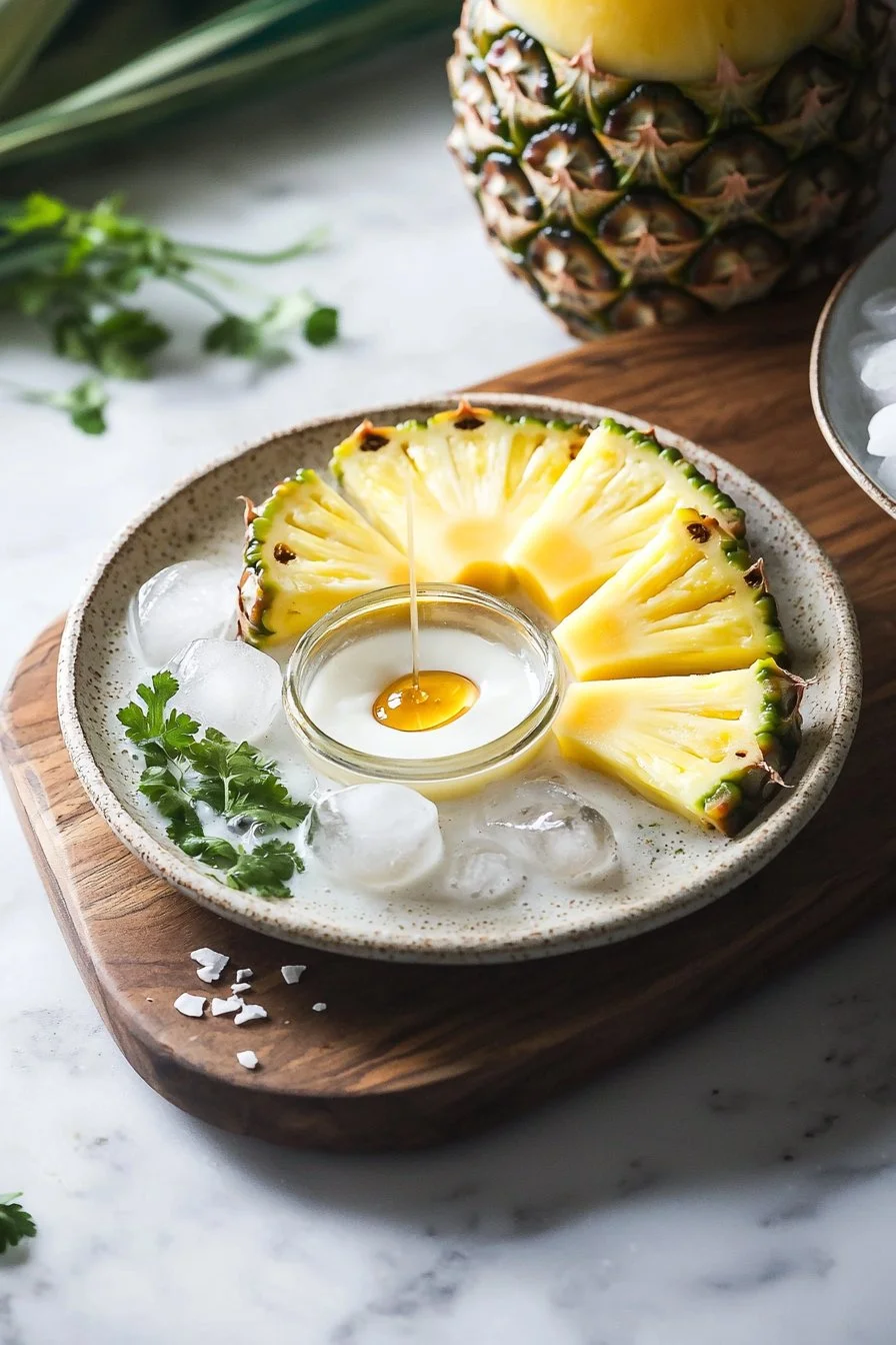 Tropical Pineapple Coconut drink in a glass with fresh pineapple and coconut slices