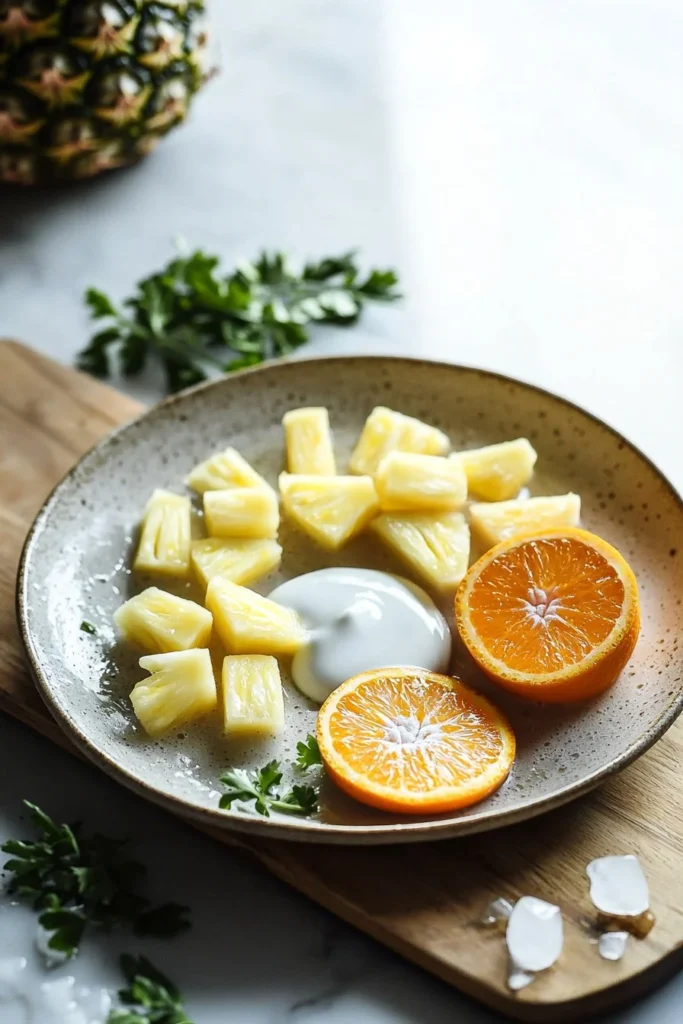 Delicious Pineapple Orange Smoothie in a glass with fresh fruit