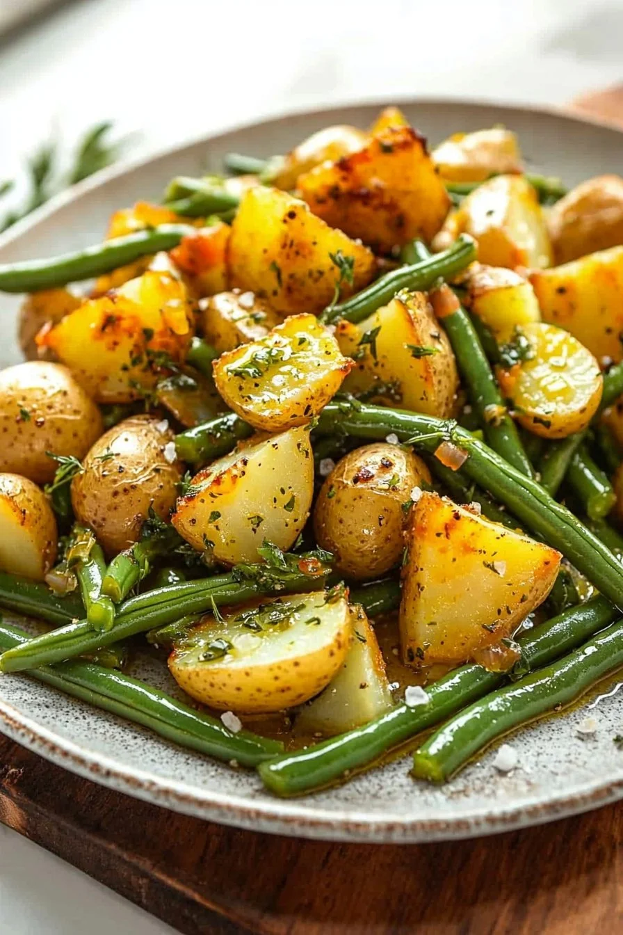 Cooked potatoes and green beans served on a plate