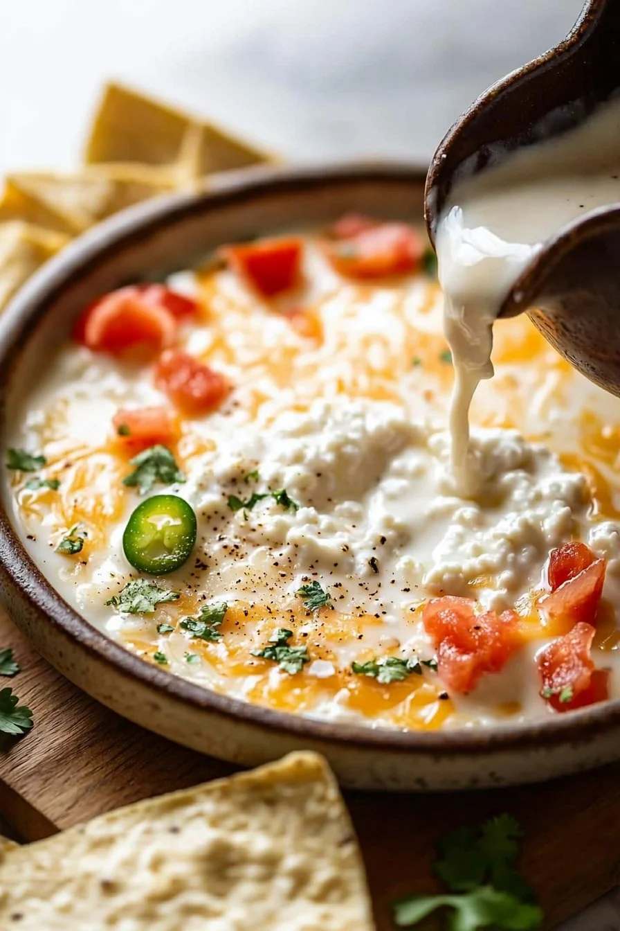 Protein Cottage Cheese Queso Dip served in a bowl with tortilla chips