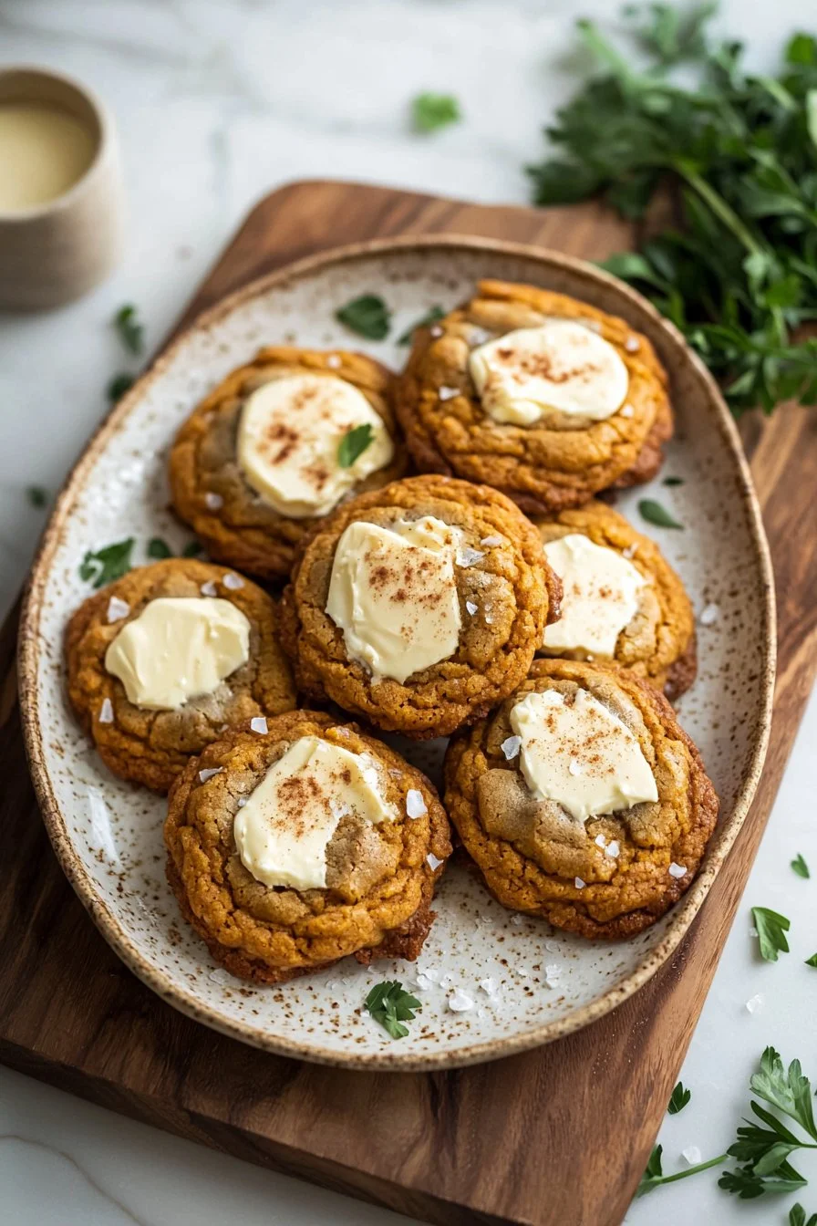 Plate of freshly baked pumpkin cheesecake cookies topped with cream cheese frosting