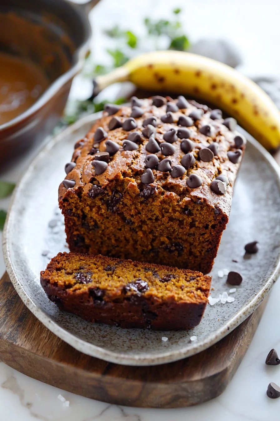 Delicious Pumpkin Chocolate Chip Banana Bread loaf on a wooden table