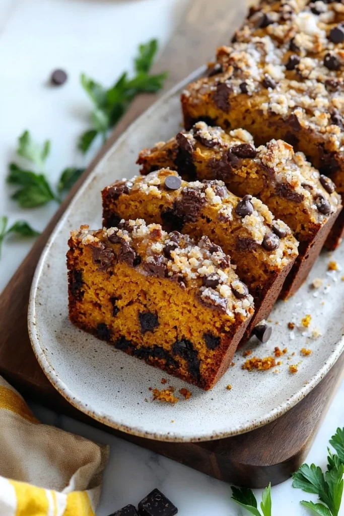 Pumpkin Chocolate Chip Streusel Bread freshly baked on a wooden table
