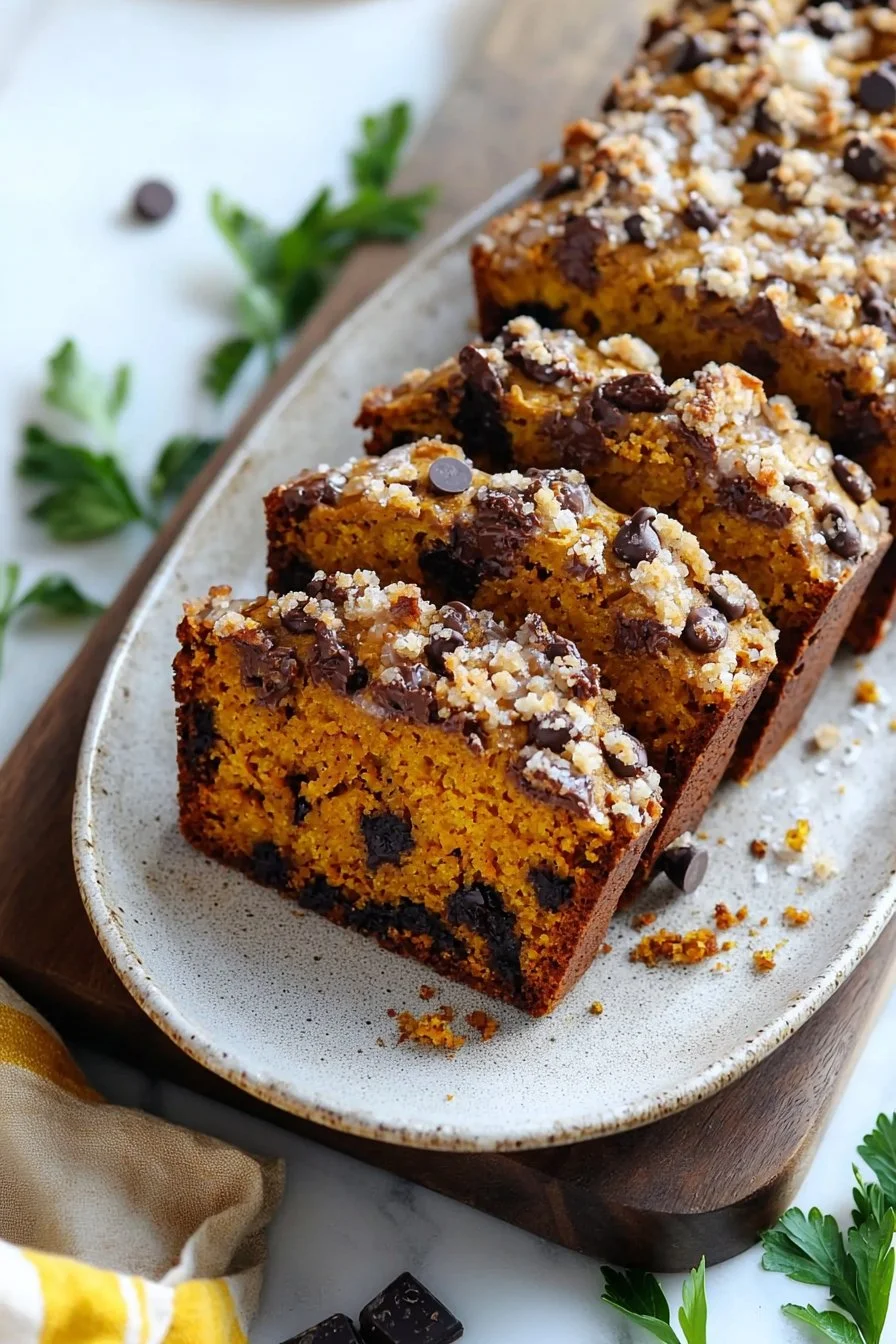 Pumpkin Chocolate Chip Streusel Bread freshly baked on a wooden table