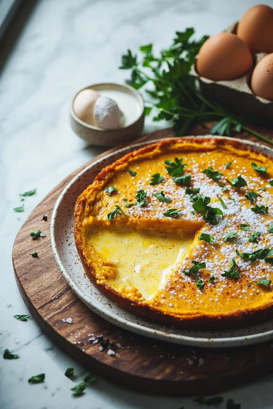 Slice of Pumpkin Magic Custard Cake with spices and a creamy top layer