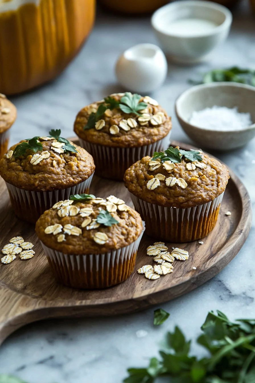 Freshly baked pumpkin oatmeal muffins on a plate with a sprinkle of cinnamon.
