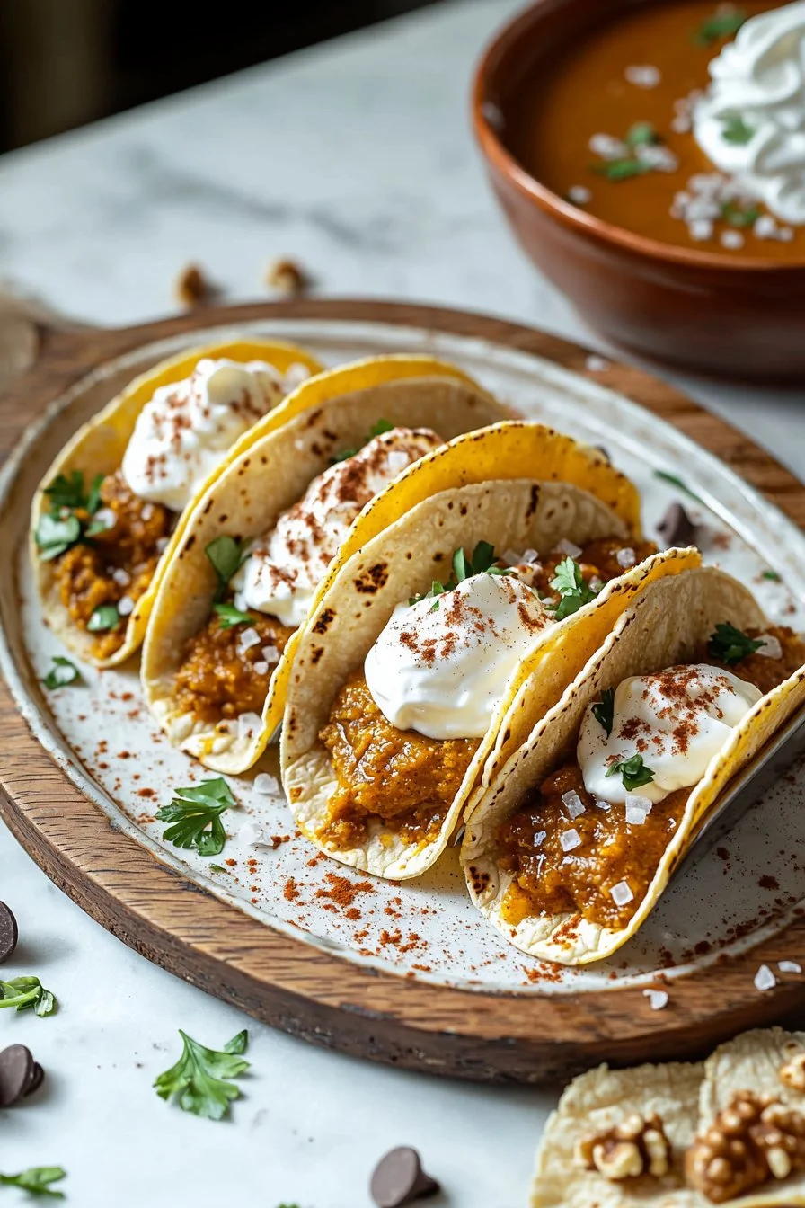 Delicious pumpkin pie tacos served with whipped cream and spices