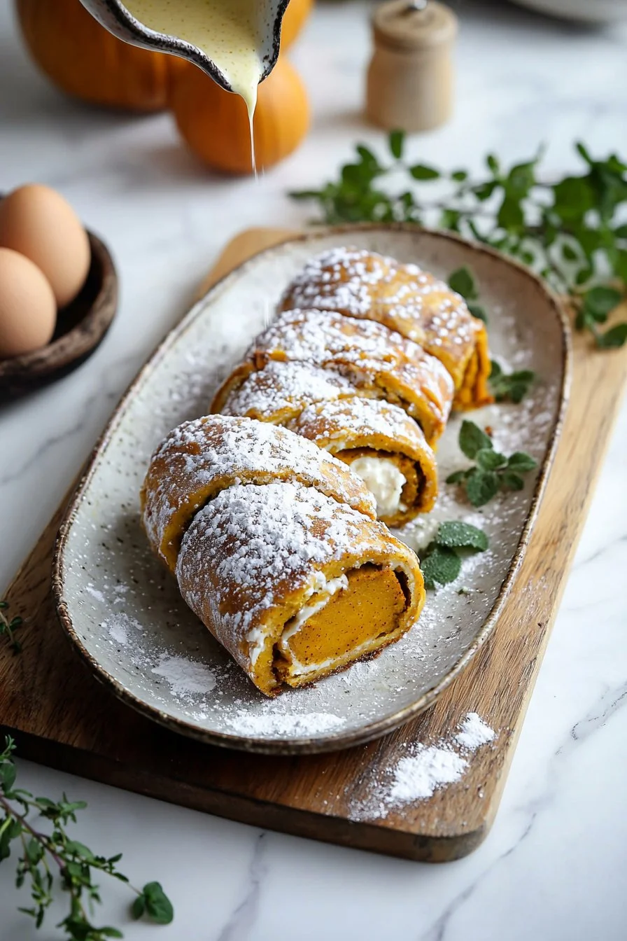 Delicious pumpkin rolls with cream cheese filling on a wooden table