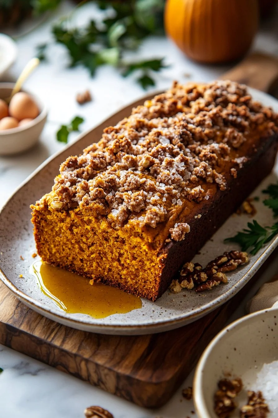 Homemade Pumpkin Streusel Bread with a crumbly topping fresh out of the oven.