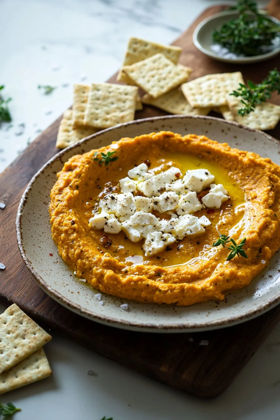 Delicious pumpkin whipped feta dip served in a bowl with crackers