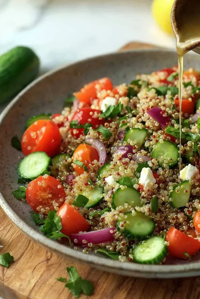 Healthy quinoa salad with fresh vegetables and dressing