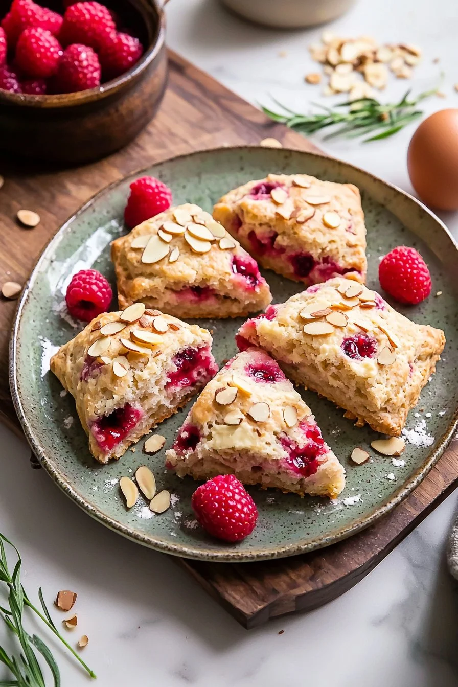 Freshly baked Raspberry Almond Cream Scones on a plate