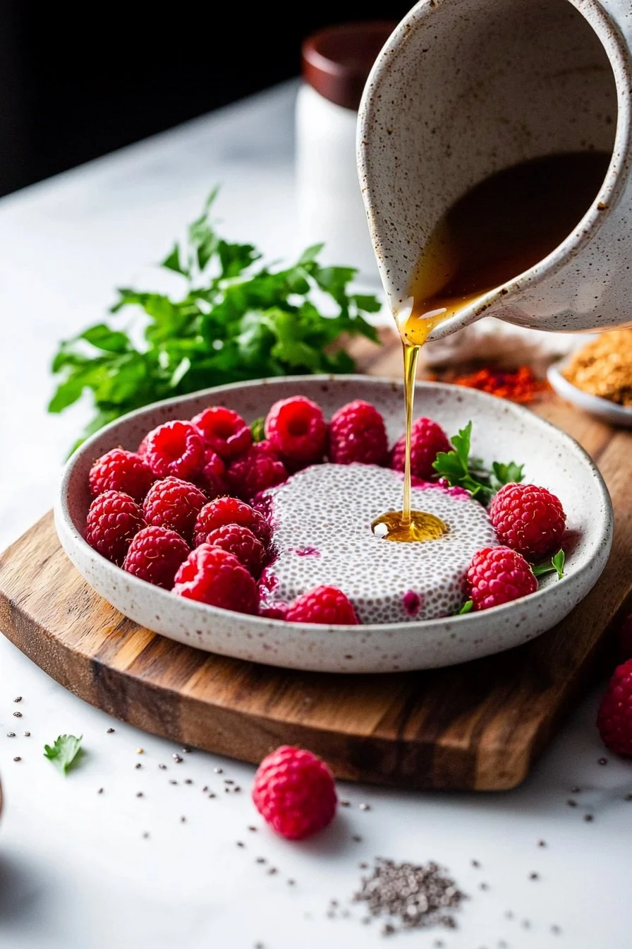 Delicious Raspberry Chia Pudding served in a glass with fresh berries.