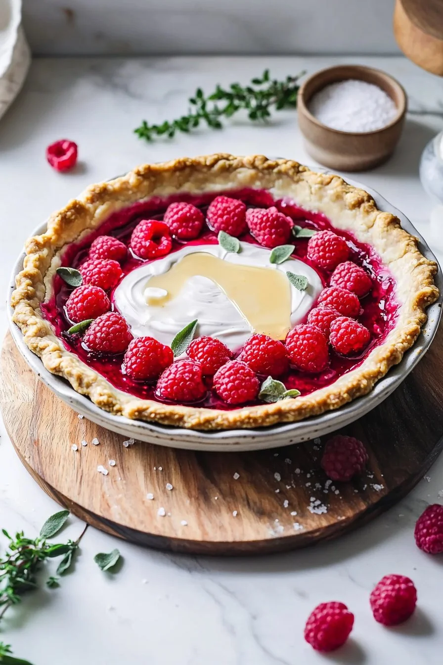 Slices of raspberry cream pie topped with fresh raspberries and whipped cream