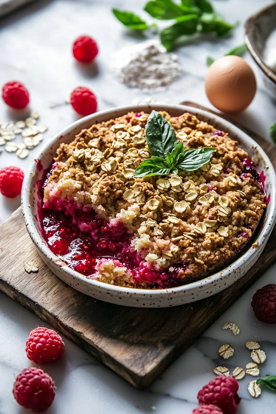 Delicious Raspberry Crumble Cake with layers of raspberries and buttery topping
