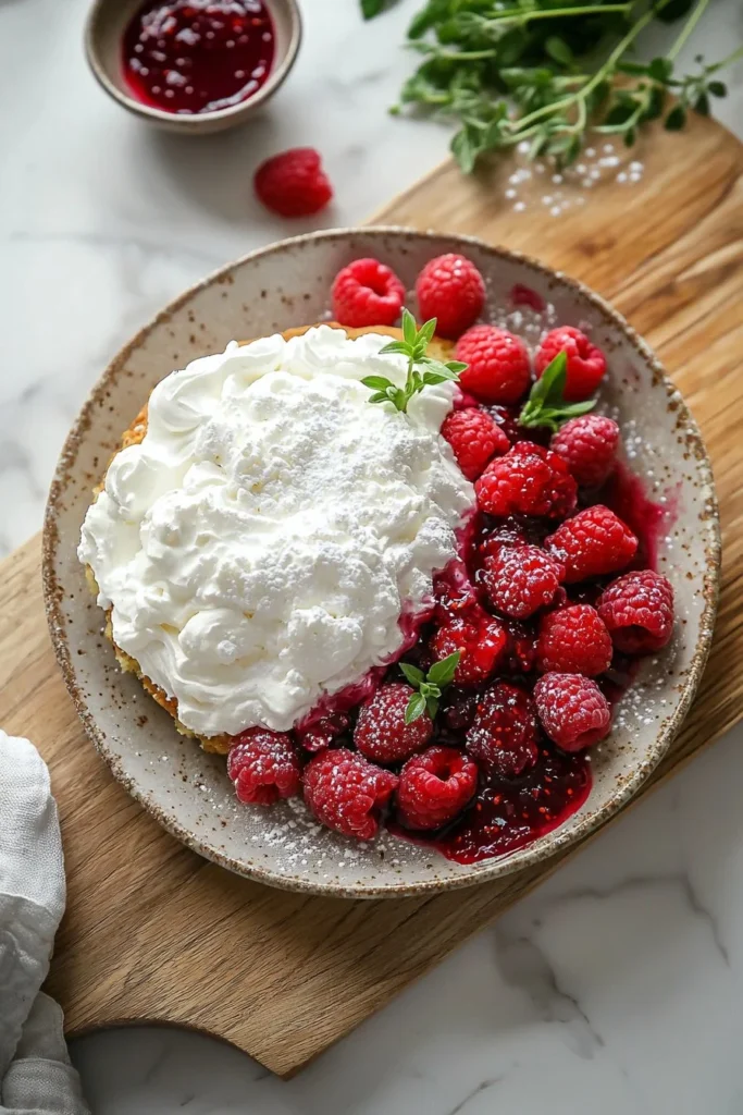 Delicious Raspberry Fluff Cake topped with fresh raspberries and whipped cream