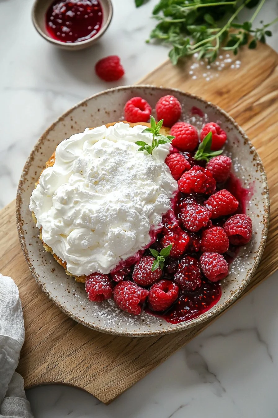 Delicious Raspberry Fluff Cake topped with fresh raspberries and whipped cream