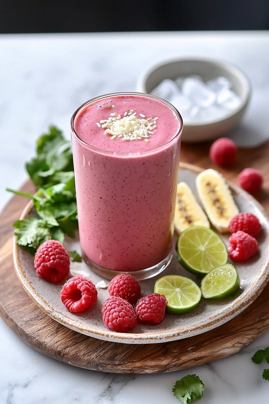 Refreshing raspberry lime smoothie in a glass with fresh raspberries and lime slices.