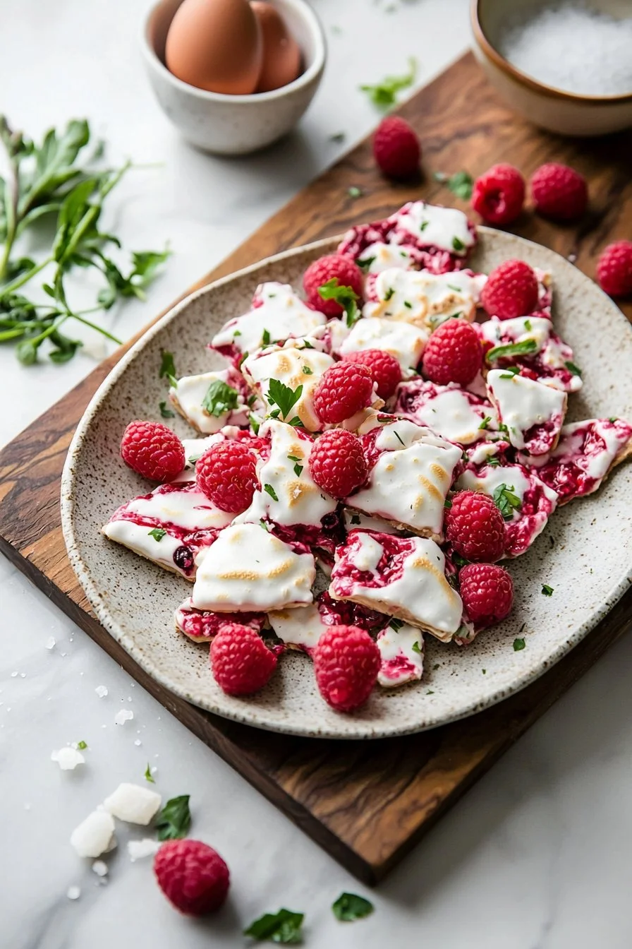 Delicious Raspberry Meringue Bark with vibrant raspberry and airy meringue layers