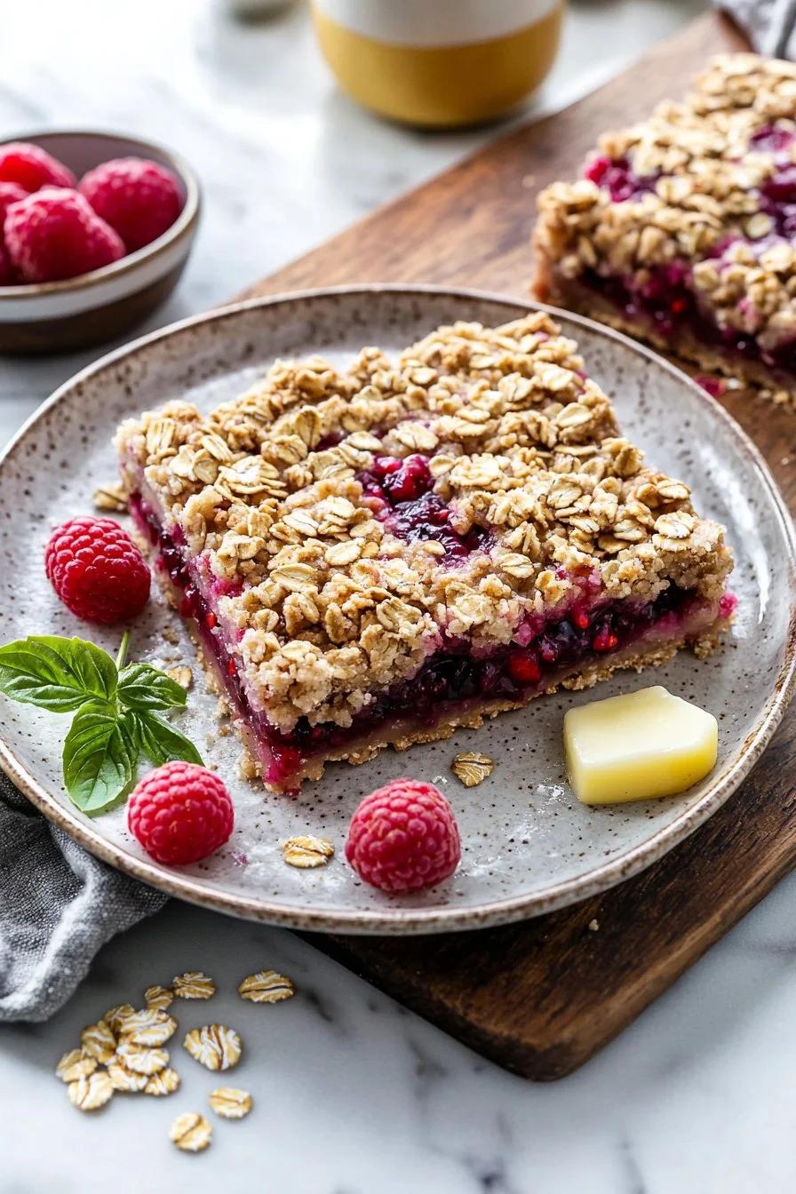 Delicious Raspberry Oatmeal Crumble Bars on a wooden table