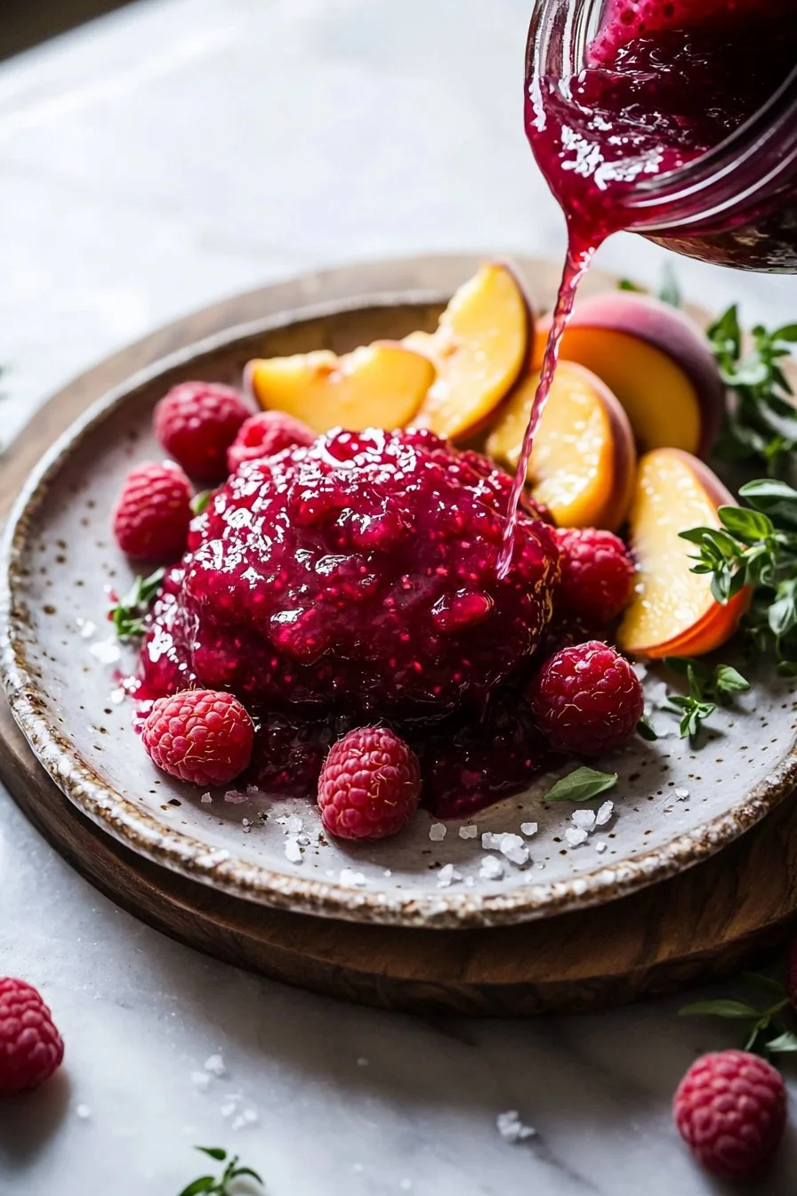 Delicious homemade Raspberry Peach Jam in a jar with fresh raspberries and peaches
