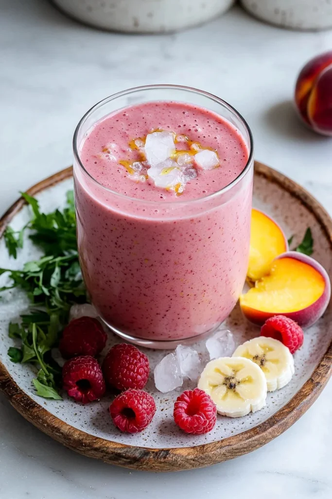 A vibrant Raspberry Peach Smoothie in a glass, garnished with fresh raspberries and peaches.