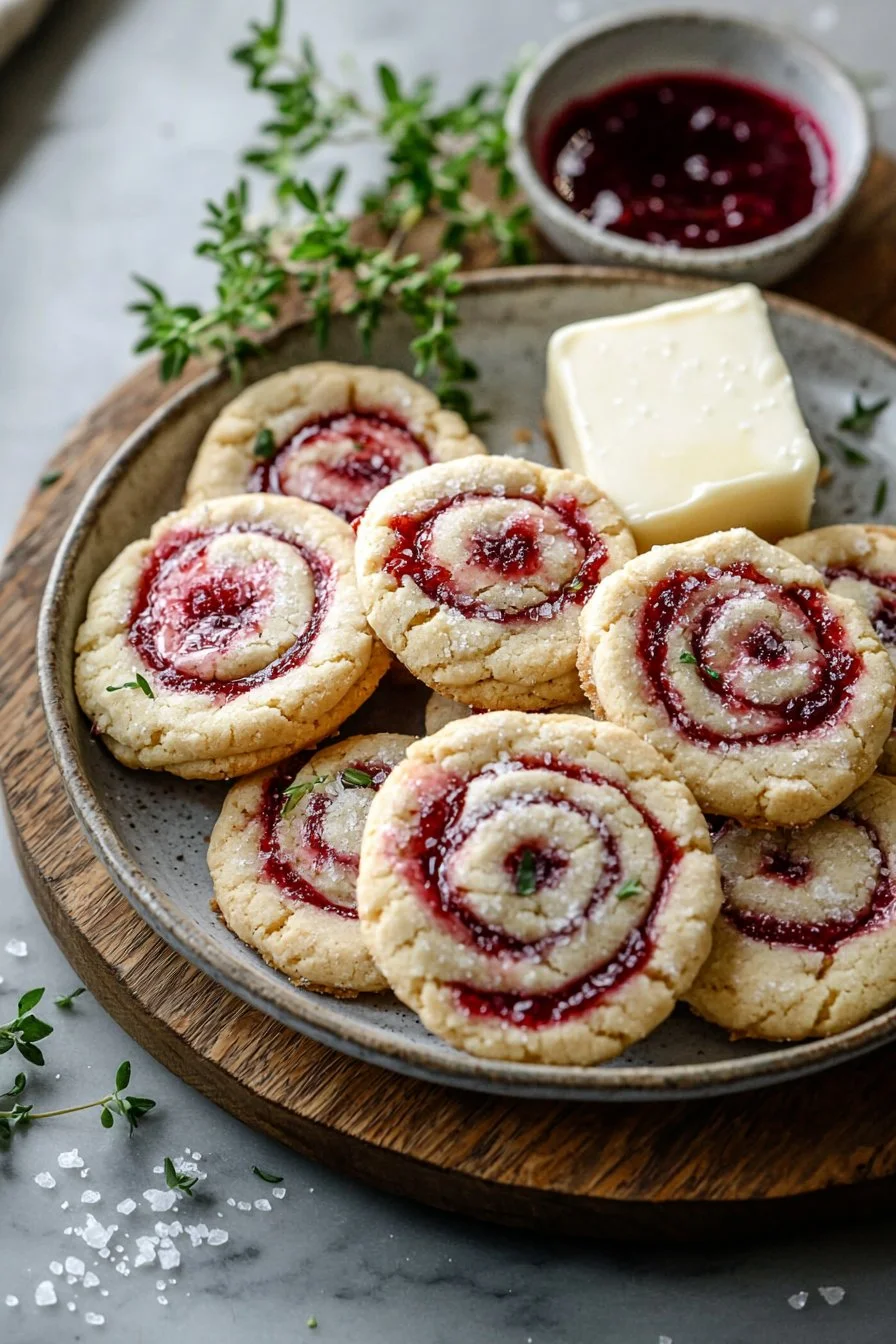 Delicious raspberry swirl shortbread cookies on a decorative plate