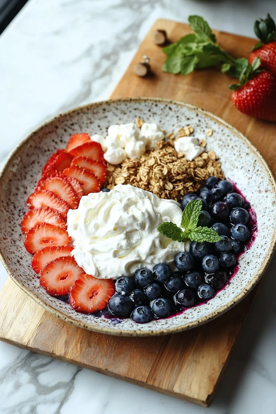 Red, White & Blue Berry Dessert featuring fresh berries and whipped cream.
