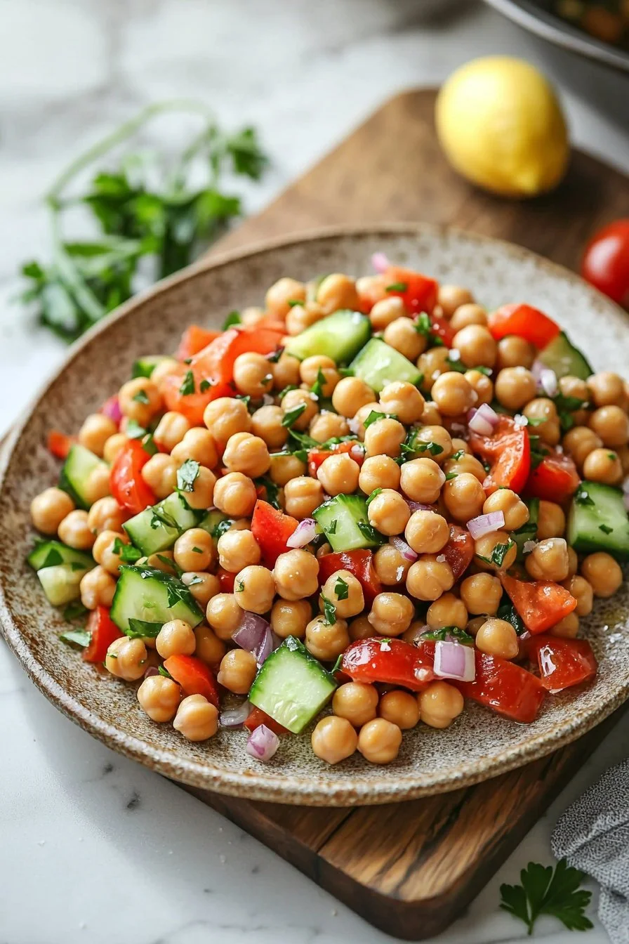 Refreshing chickpea salad with fresh vegetables and a tangy dressing