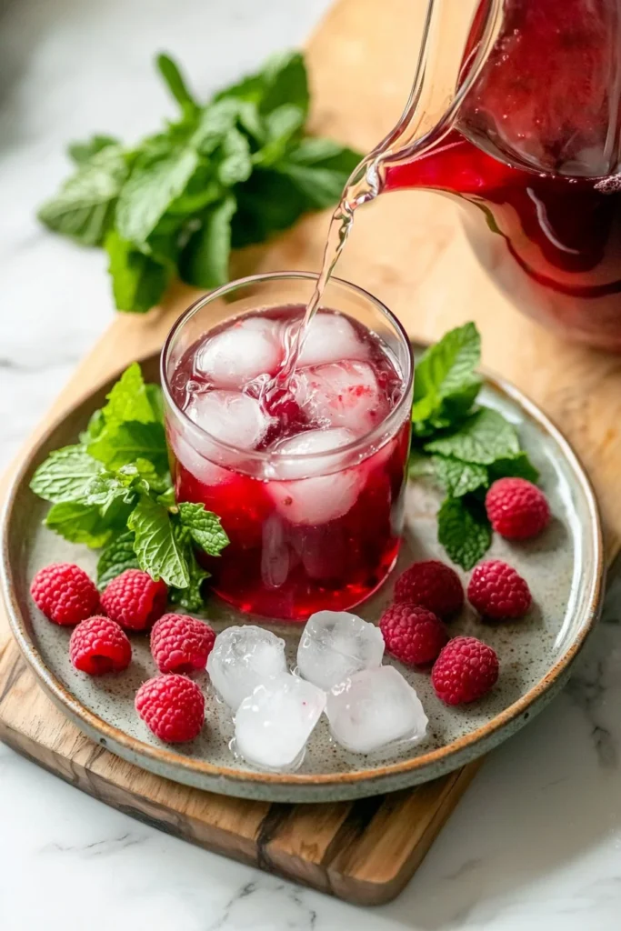 A glass of refreshing raspberry iced tea with fresh raspberries and mint leaves